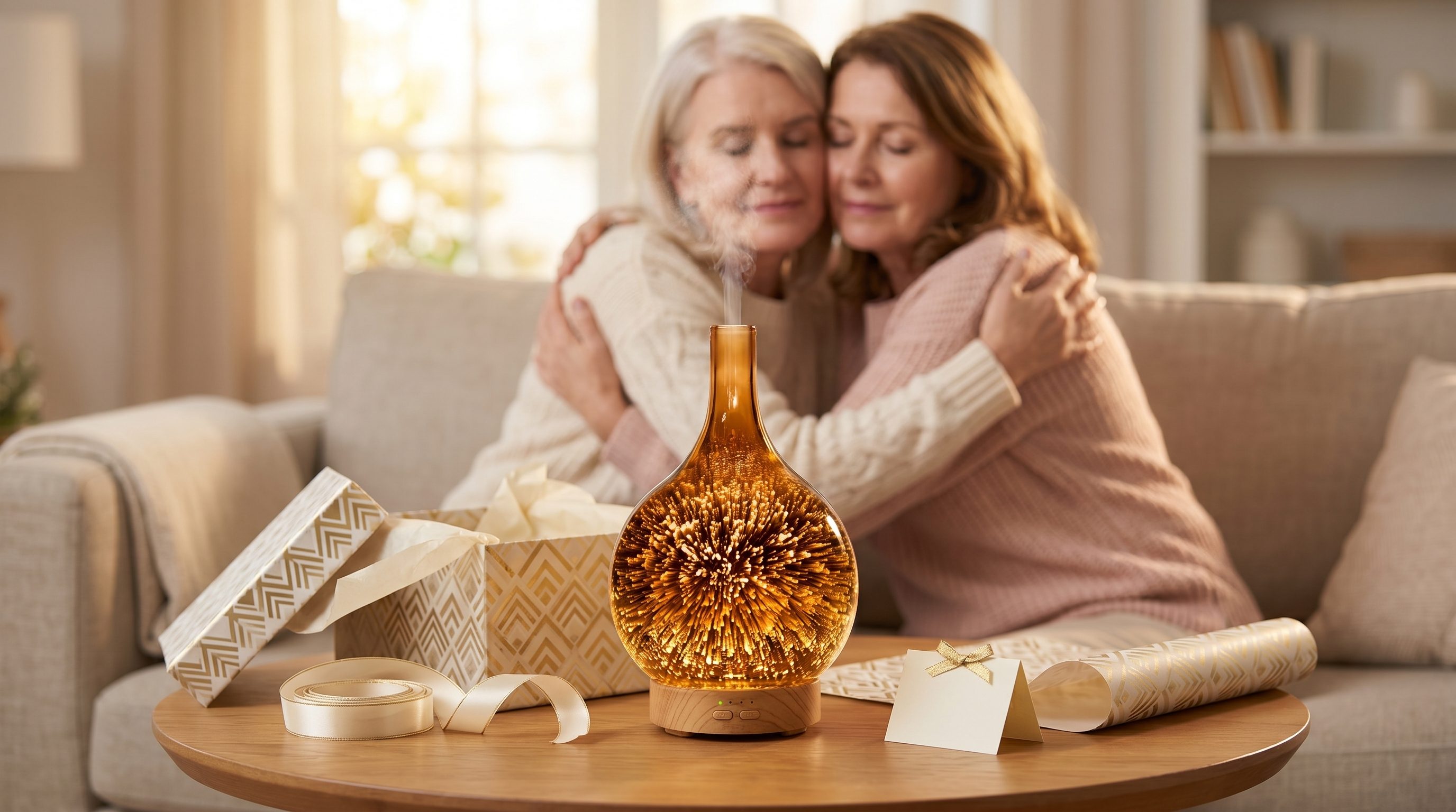 Two friends admiring the Infinity Diffuser in a sunlit kitchen