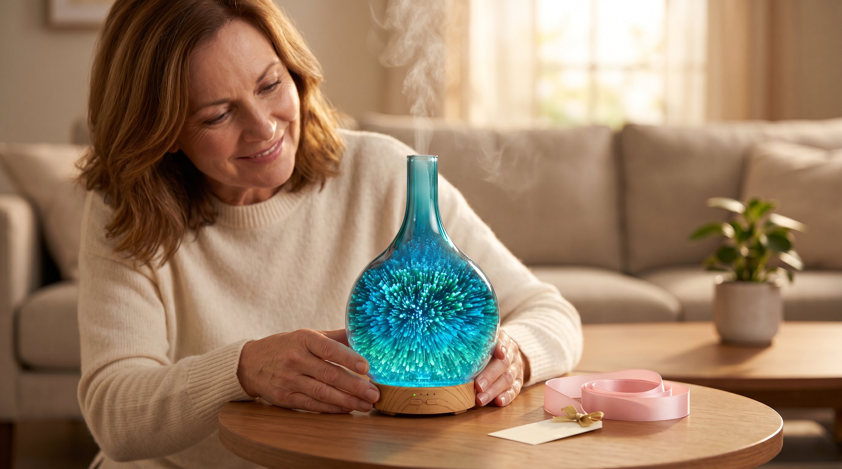 A woman admiring the Infinity Diffuser on her living room windowsill