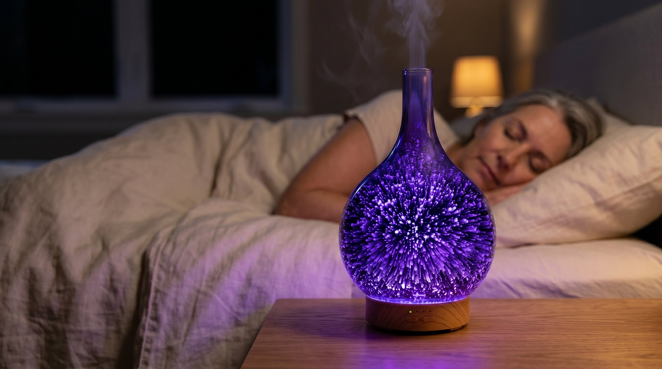 A woman in bed reading by her diffuser at night