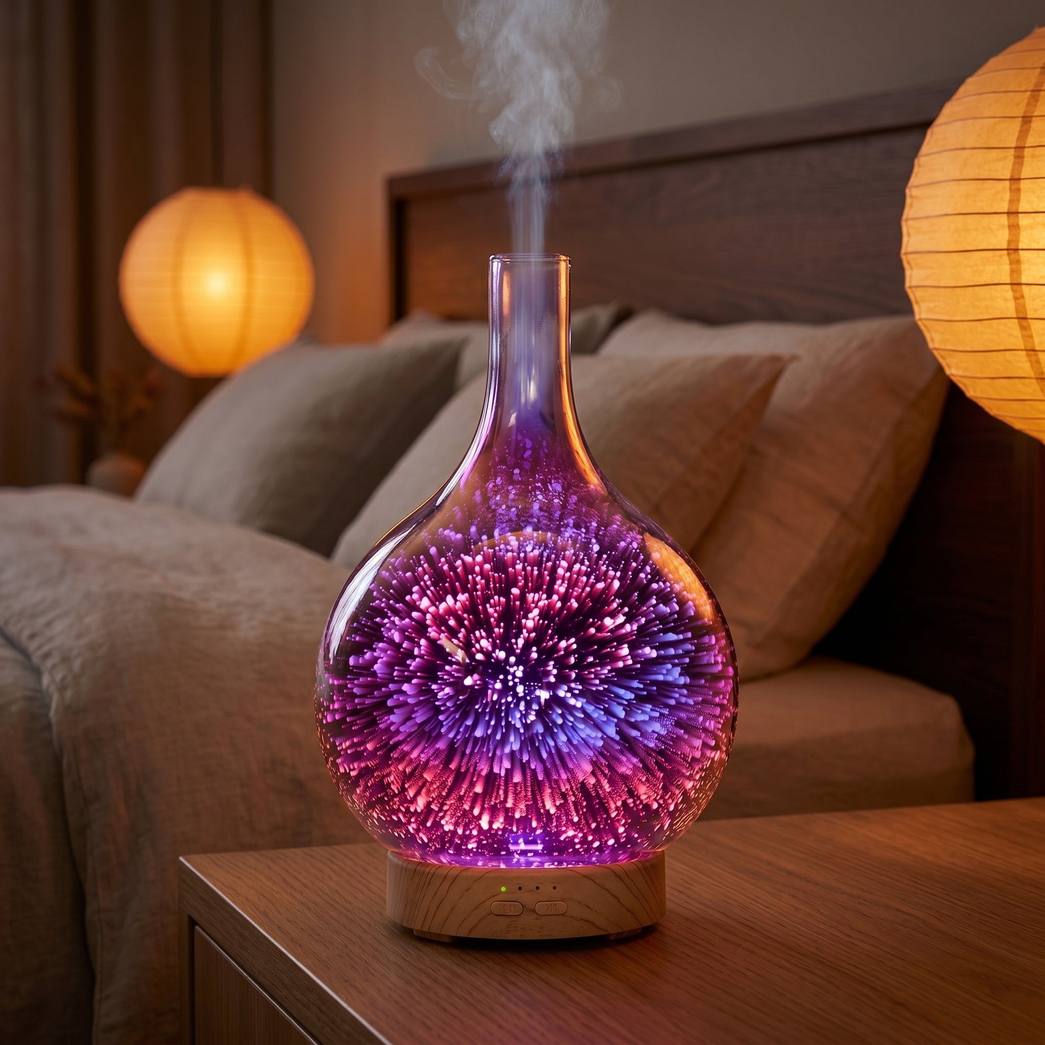 Infinity Diffuser glowing magenta and purple on a wooden bedside table in a cozy bedroom