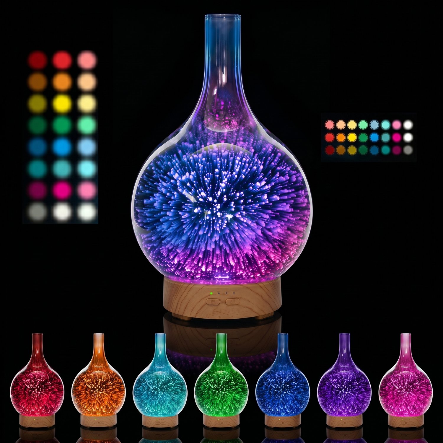 Infinity Diffuser — all 7 LED colors showcase with reflection
